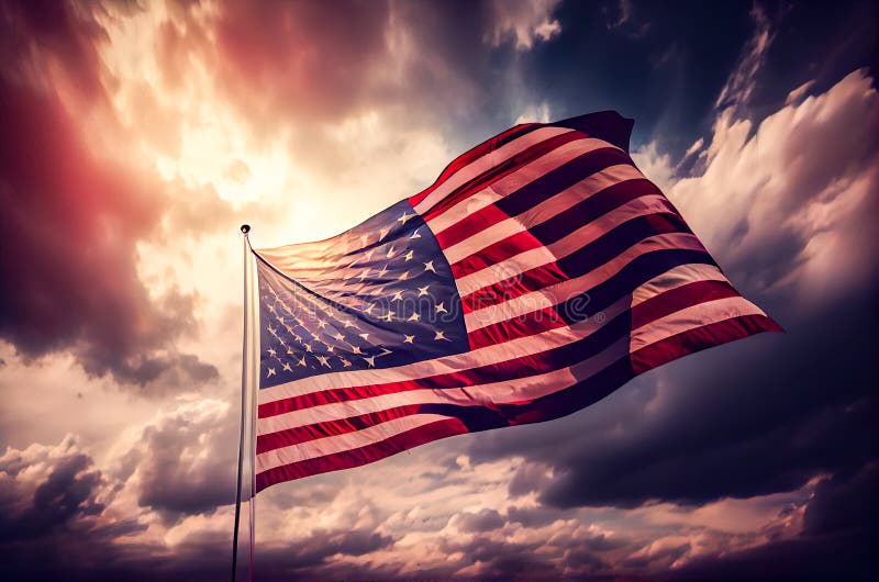 Abstract American Flag on Blue Sky Background. Generative AI