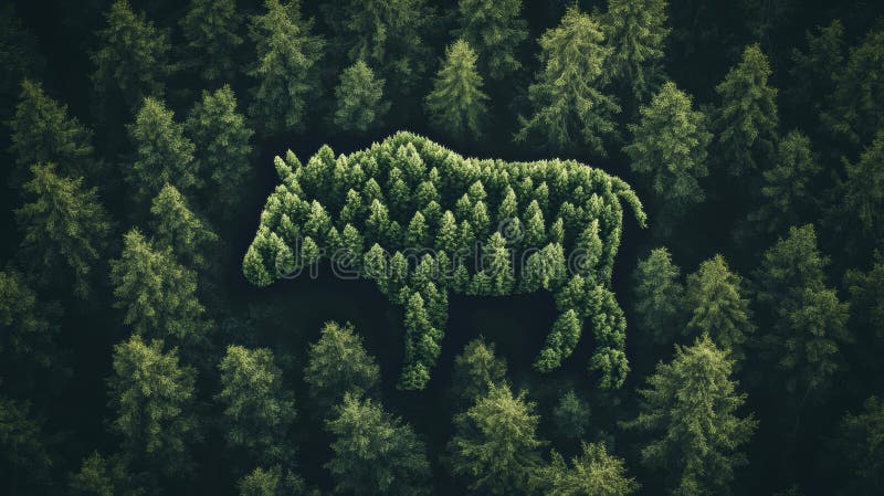 Abstract Animal Shape Emerges From Treetops in Forest, Showcasing Natures Artistry From Above Generative AI. Treetops form an animal shape as seen from above, illustrating the intricate connection between wildlife and forest ecosystems at midday. AI generated