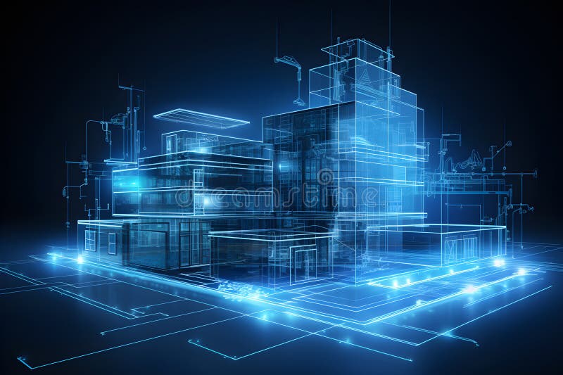 Abstract architectural 3D wireframe render of a modern building on blue background. Generative AI vector illustration