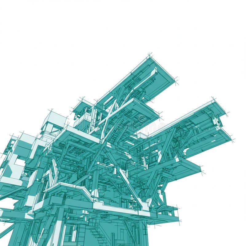 Abstract architectural design with intersecting geometric shapes in teal and white. royalty free illustration