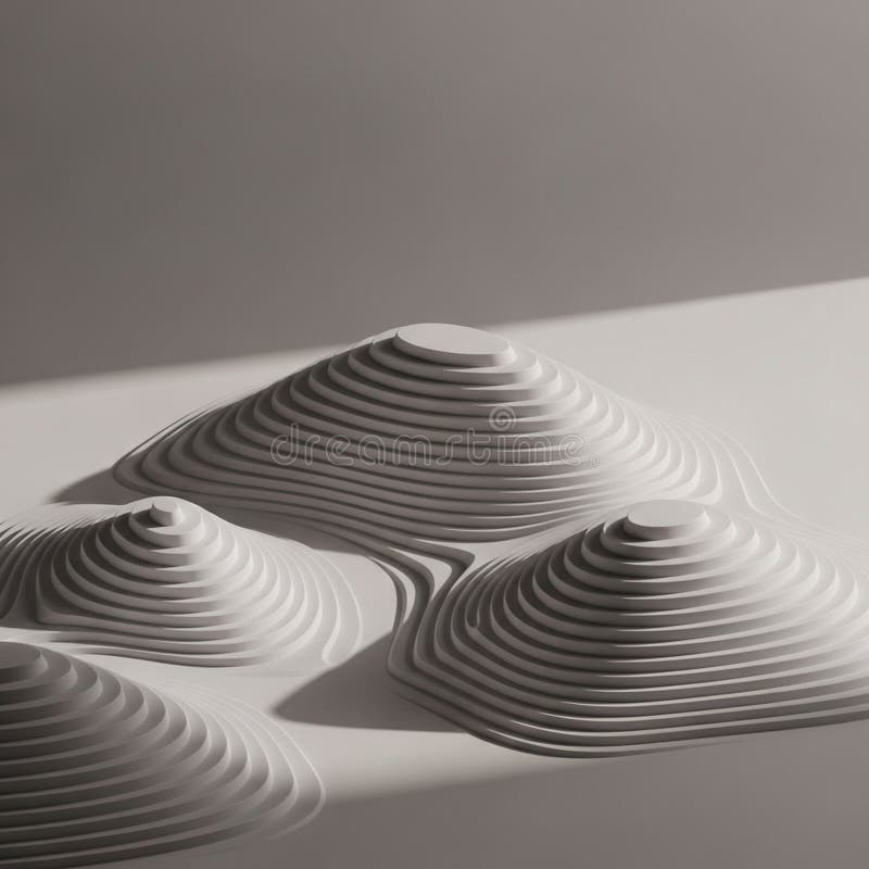 Abstract architectural model features layered, conical forms resembling royalty free illustration