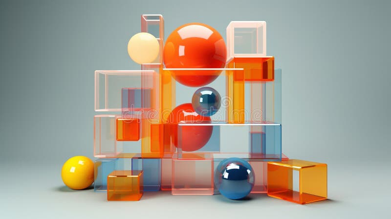 Abstract arrangement of spheres, transparent geometric shapes 3d rendering image, royalty free illustration.