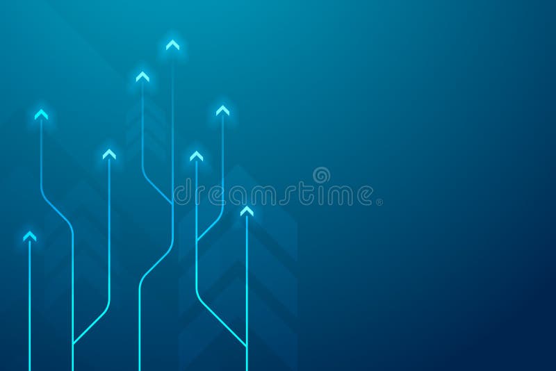 Abstract arrow circuit style on blue background, copy space composition, business growth concept. stock illustration