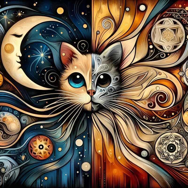 Abstract art of adorable cat and the cute moon, combined two defferent things in a unique design, bold painting, fantasy