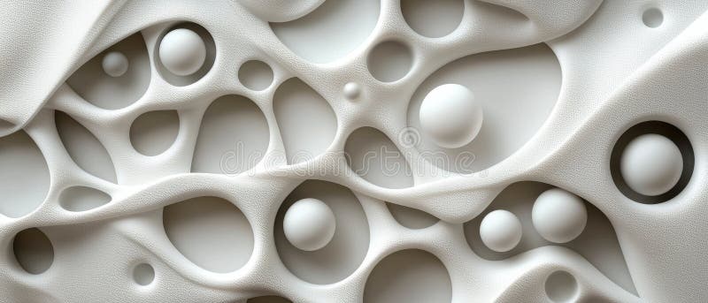 Abstract Art: A 3D rendering of a white, organic, and textured surface with a complex pattern of holes and spheres. vector illustration