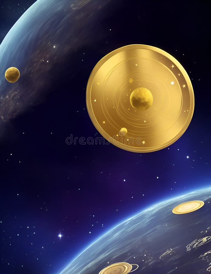 Abstract Art, a Large Gold Coin in Outer Space, Generated by AI. Stock