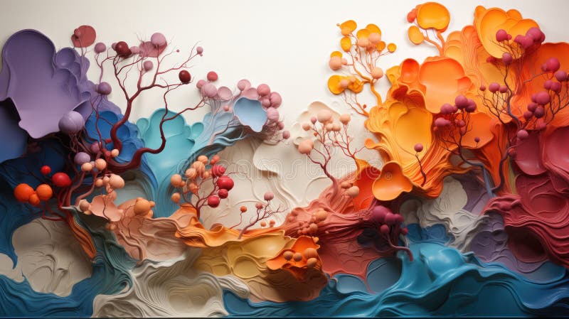 Abstract art of multicolored paint blots on canvas with rainbow mushrooms growing as background vector illustration