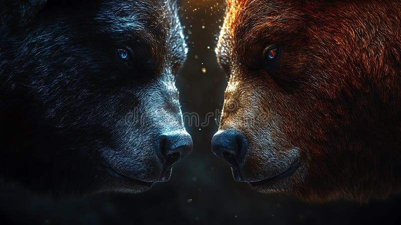Abstract artistic rendering featuring two bears in contrasting dark and warm tones detailed digital art depicting wild animals stock illustration