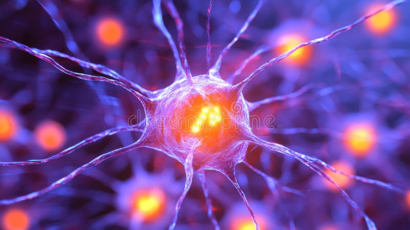 Abstract artistic visualization of glowing neural networks in orange and purple hues. concept of artificial intelligence stock images