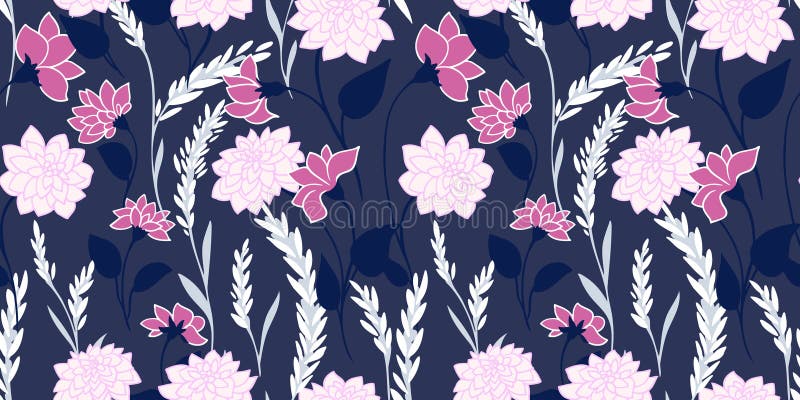 Abstract artistic wild meadow seamless pattern on a dark blue background. Vector hand drawn. Creative blooming floral stems vector illustration