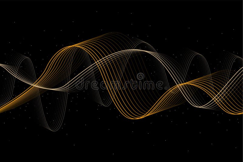 Abstract audio wave. Sound frequency concept. Gold line Vector curves. Dark black background. stock illustration