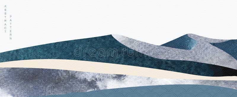 Abstract background banner. Mountain landscape with Japanese wave pattern vector. Wavy shapes with watercolor texture elements