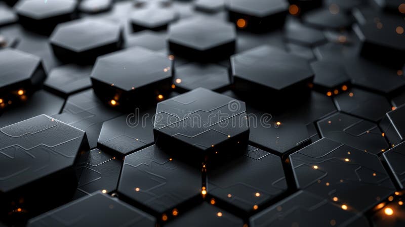 Abstract background with black hexagonal pattern and glowing lights stock illustration