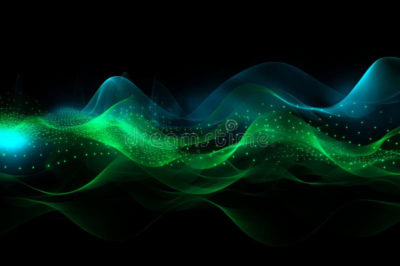 Flowing green and blue waves and sparkling lights on black background. vector illustration