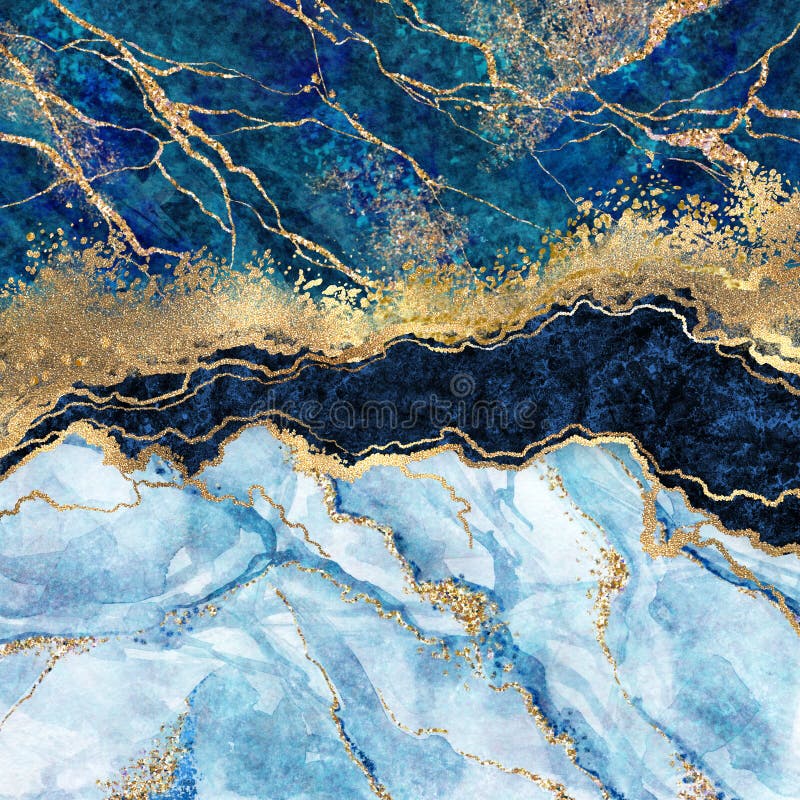 Abstract background, blue marble, fake stone texture, liquid paint, gold foil and glitter, painted artificial marbled, marbling