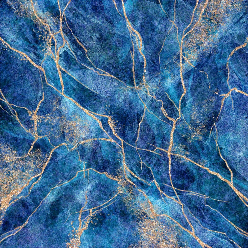 Abstract background, blue marble with gold glitter veins, fake stone texture, painted artificial marbled surface, fashion marbling