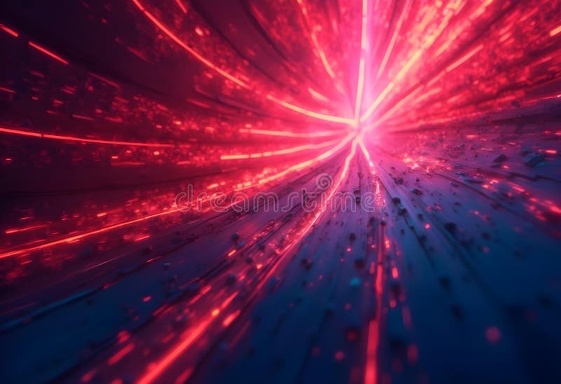 Abstract background with blue and red rays in the center of the tunnel