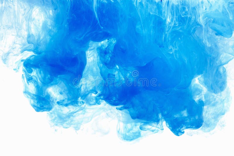 Abstract background color ink drop in water. Blue cloud of paint on white.