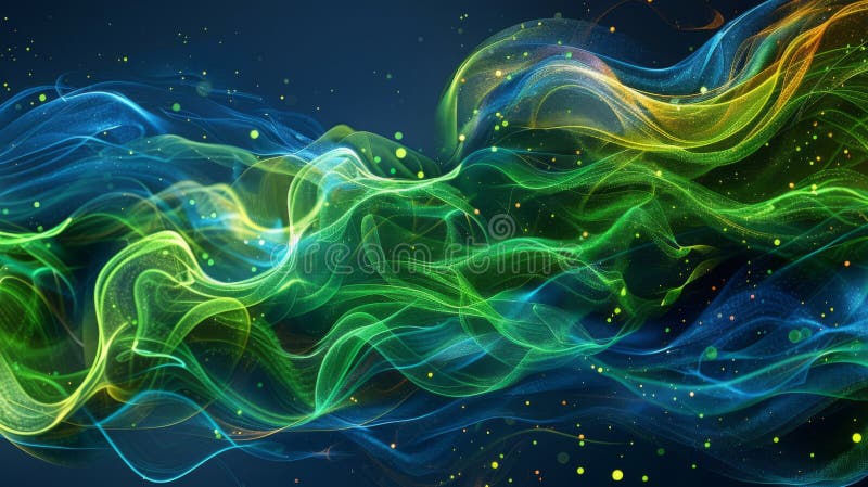 Abstract background with a glowing green and blue abstract waves, lines and particles royalty free illustration