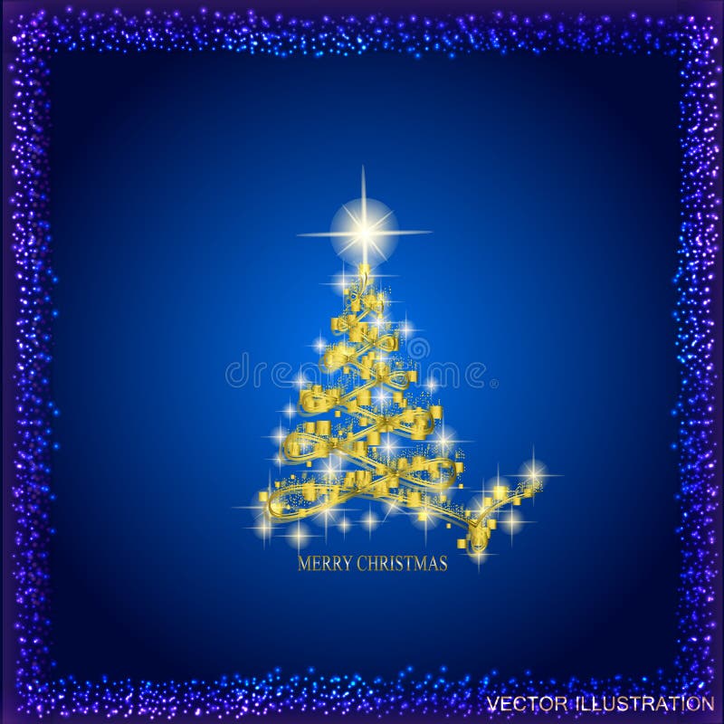 Abstract Background with Gold Christmas Tree and Stars. Illustration in Blue and Gold Colors