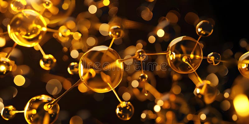 Abstract background with many yellow molecules. 3d rendering. molecular structure. golden molecules vector illustration