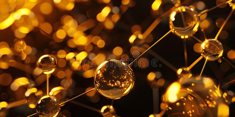 Abstract background with many yellow molecules. 3d rendering. molecular structure. golden molecules stock illustration