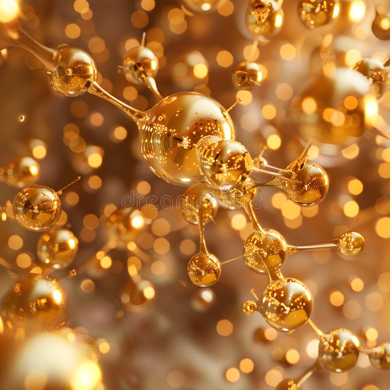 Abstract background with many yellow molecules. 3d rendering. molecular structure. golden molecules stock illustration