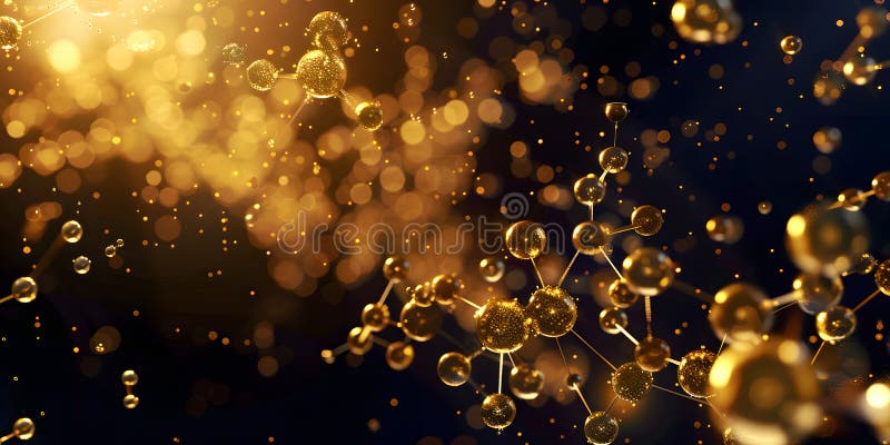 Abstract background with many yellow molecules. 3d rendering. molecular structure. golden molecules vector illustration