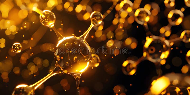 Abstract background with many yellow molecules. 3d rendering. molecular structure. golden molecules vector illustration