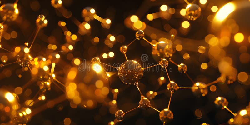 Abstract background with many yellow molecules. 3d rendering. molecular structure. golden molecules vector illustration