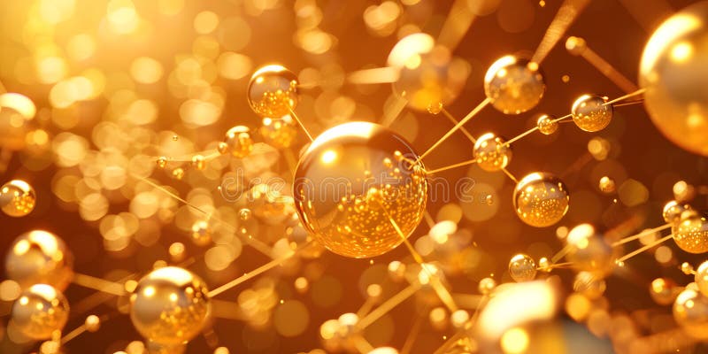 Abstract background with many yellow molecules. 3d rendering. molecular structure. golden molecules vector illustration