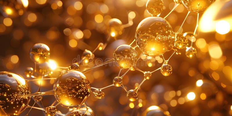 Abstract background with many yellow molecules. 3d rendering. molecular structure. golden molecules stock illustration