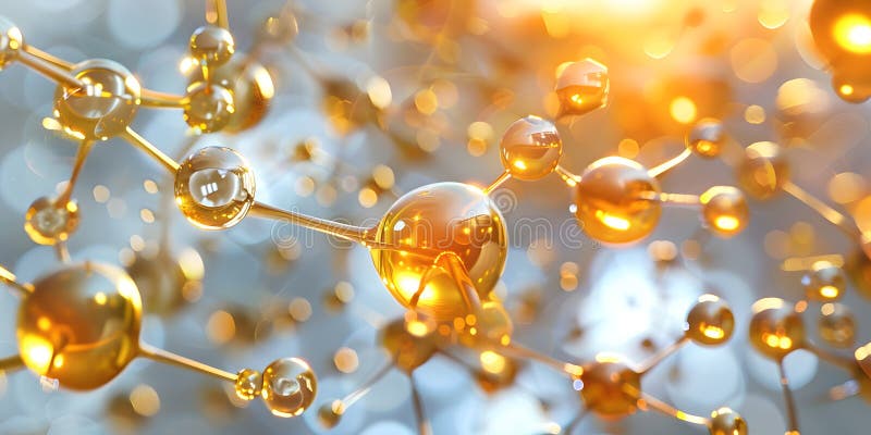 Abstract background with many yellow molecules. 3d rendering. molecular structure. golden molecules stock illustration