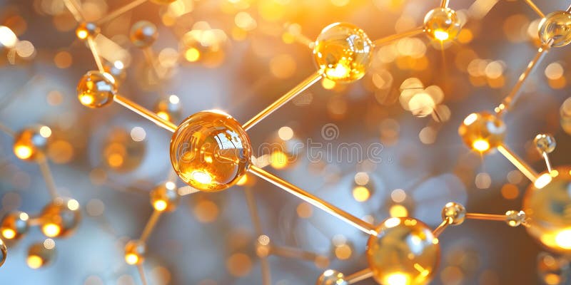 Abstract background with many yellow molecules. 3d rendering. molecular structure. golden molecules vector illustration