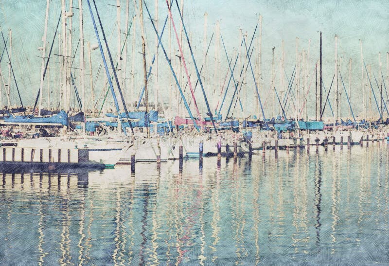 Abstract background of marina pier with boats. Pencil sketch painting style. stock illustration Abstract background of marina pier with boats. Pencil sketch painting style. stock illustration