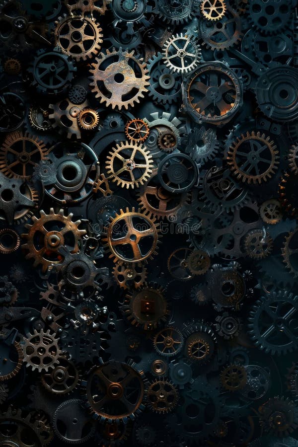 Abstract background metallic gears and cogs in various sizes, intertwined and casting shadows on a dark background. Generative AI AI generated