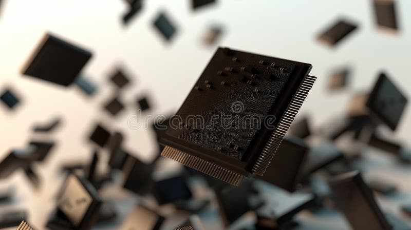 Abstract background with microchips and electronics symbolizing technology and innovation. AIG53M. Hightech microchip components floating in a blurred background, symbolizing advanced technology and innovation. AIG53M AI generated