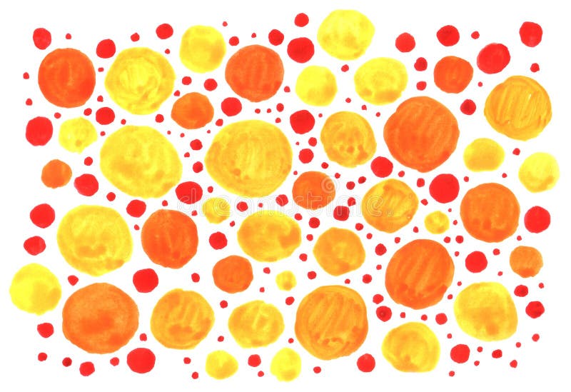 Abstract background of orange yellow red circles, suns, and dots. Warm grunge texture. Children, sketch, doodle, hand drawn