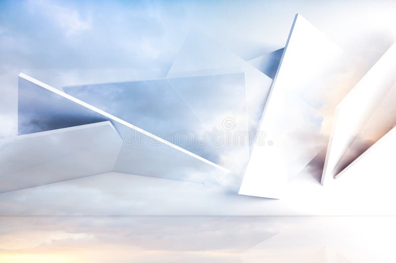 Abstract background with polygonal structure over colorful cloudy sky. 3d illustration, computer graphic