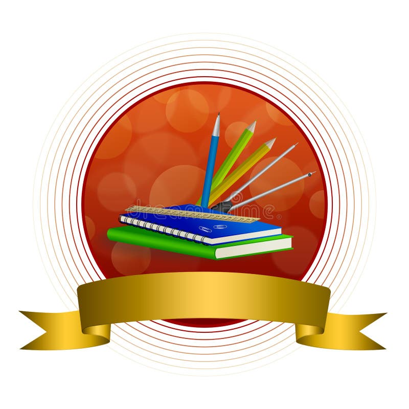Abstract background school green book blue notebook ruler pen pencil clip compasses red yellow gold circle frame ribbon vector illustration Abstract background school green book blue notebook ruler pen pencil clip compasses red yellow gold circle frame ribbon vector illustration
