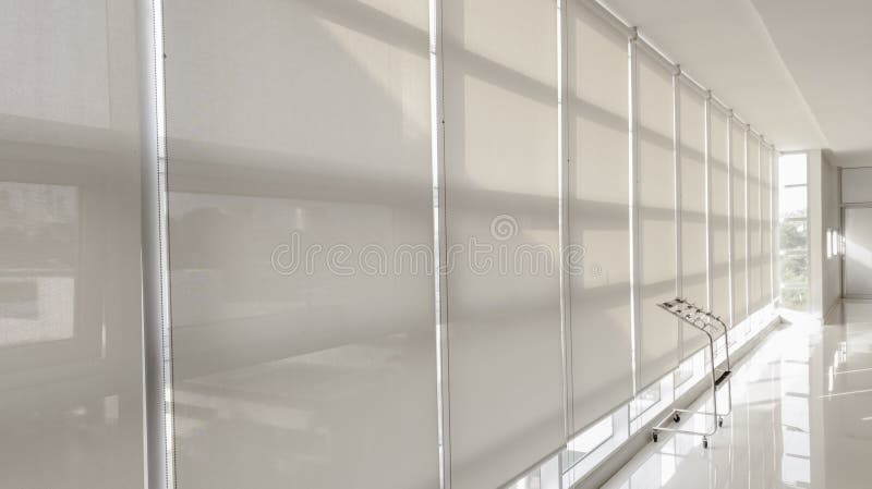 Abstract background of sunshade curtain in building, Sunproof curtain in office, Large glass wall