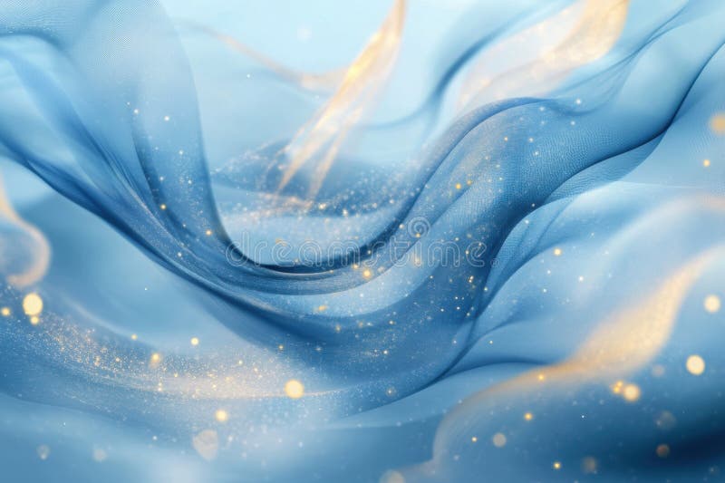 Abstract background with swirling blue and gold patterns, blending fluidly with golden sparkles, evoking creativity and royalty free illustration