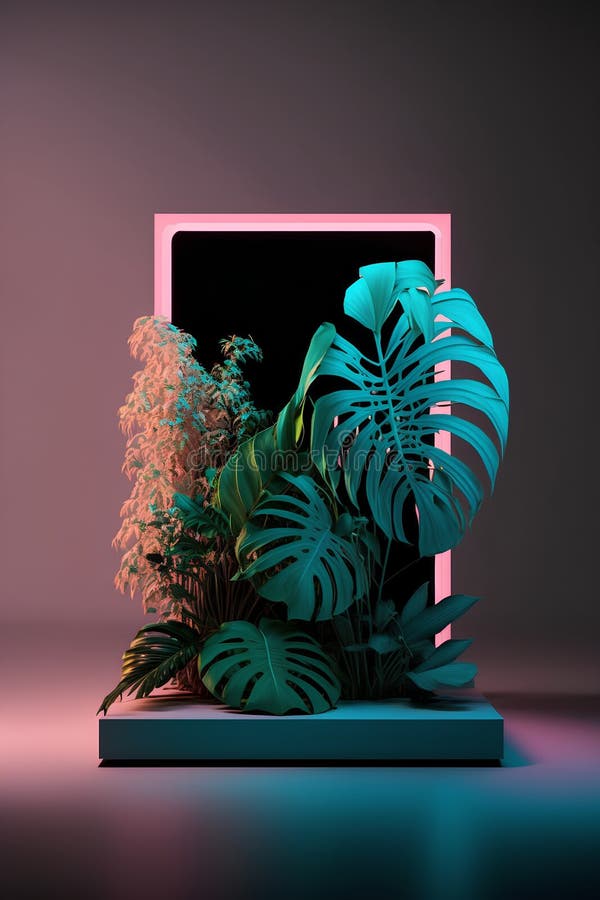 Abstract background with tropical plants. 3D rendering. Neon colors. stock illustration