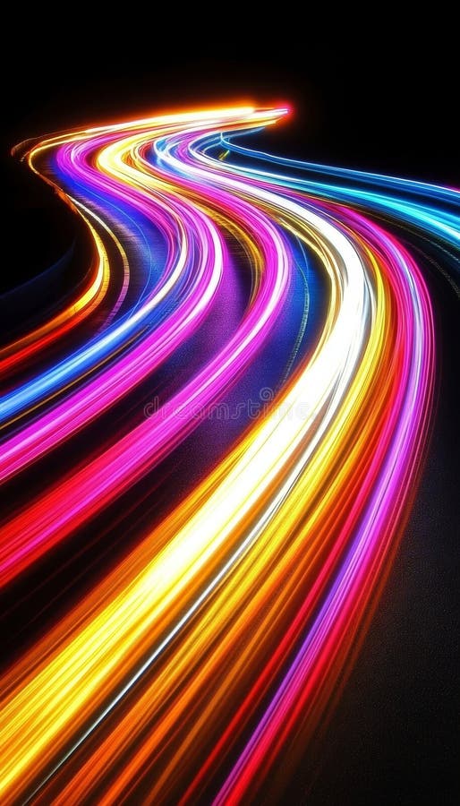 Abstract Background, Vibrant Neon Light Streaks, Dynamic Composition. , 3D Computer Graphics stock illustration