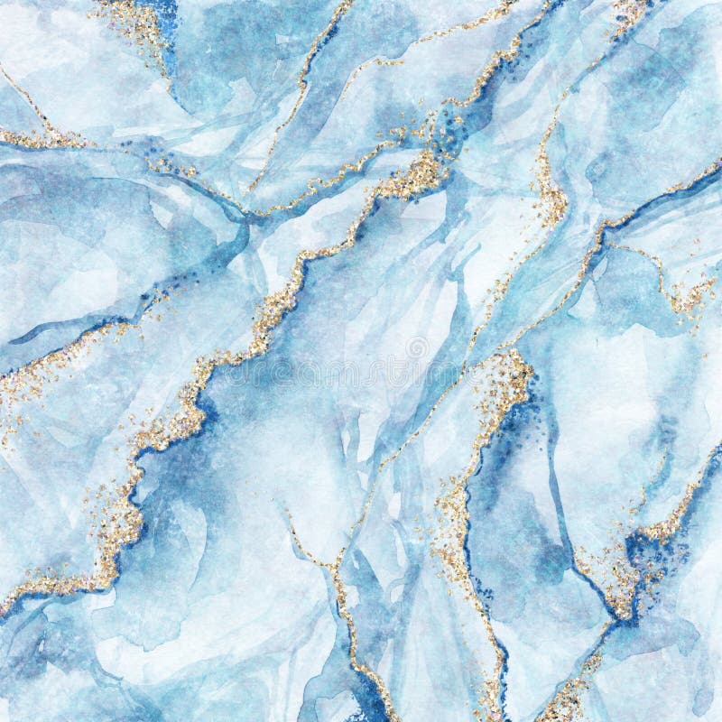 Abstract background, white blue marble with gold glitter veins, fake stone texture, painted artificial marbled surface, marbling