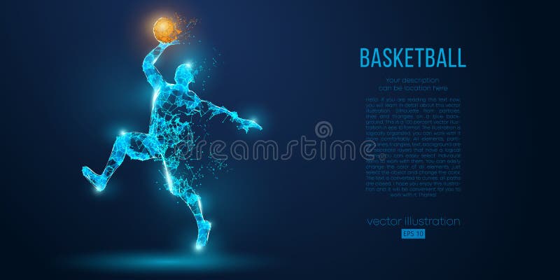 Abstract basketball player from particles, lines and triangles on blue background. Low poly neon wireframe outline stock illustration Abstract basketball player from particles, lines and triangles on blue background. Low poly neon wireframe outline stock illustration