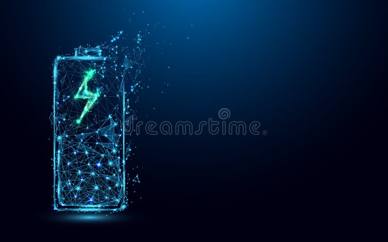 Abstract Battery Charging Icon form lines and triangles, point connecting network on blue background. stock illustration
