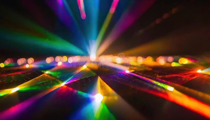 Abstract beams of colorful light scatter and reflect across a dark surface in a vibrant light display royalty free stock image