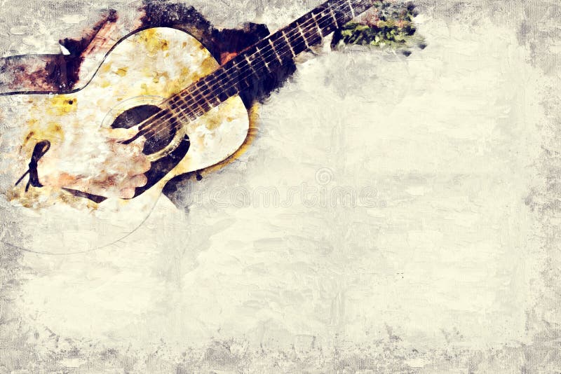 Abstract playing acoustic guitar watercolor painting background.