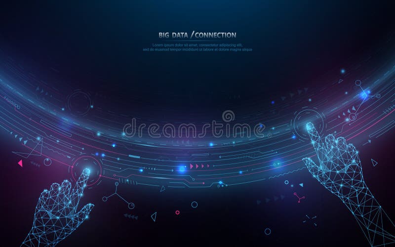 Abstract bigdata coding science background. Circle geometric particle. Hands touching big data stream and connection futuristic infographic. Coding mesh vectors